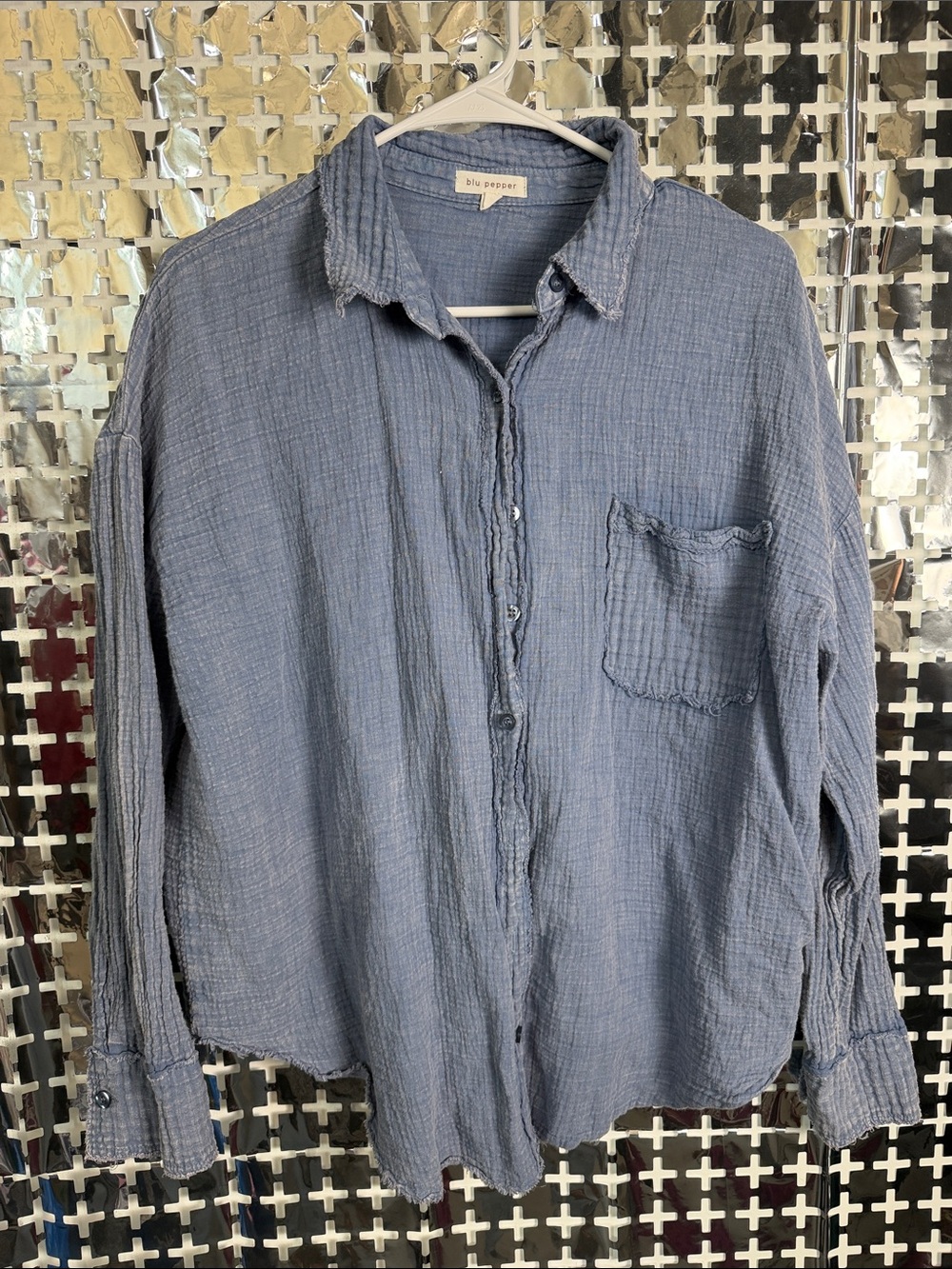 Blu Pepper Washed Denim-Blue Textured Button-Down Shirt